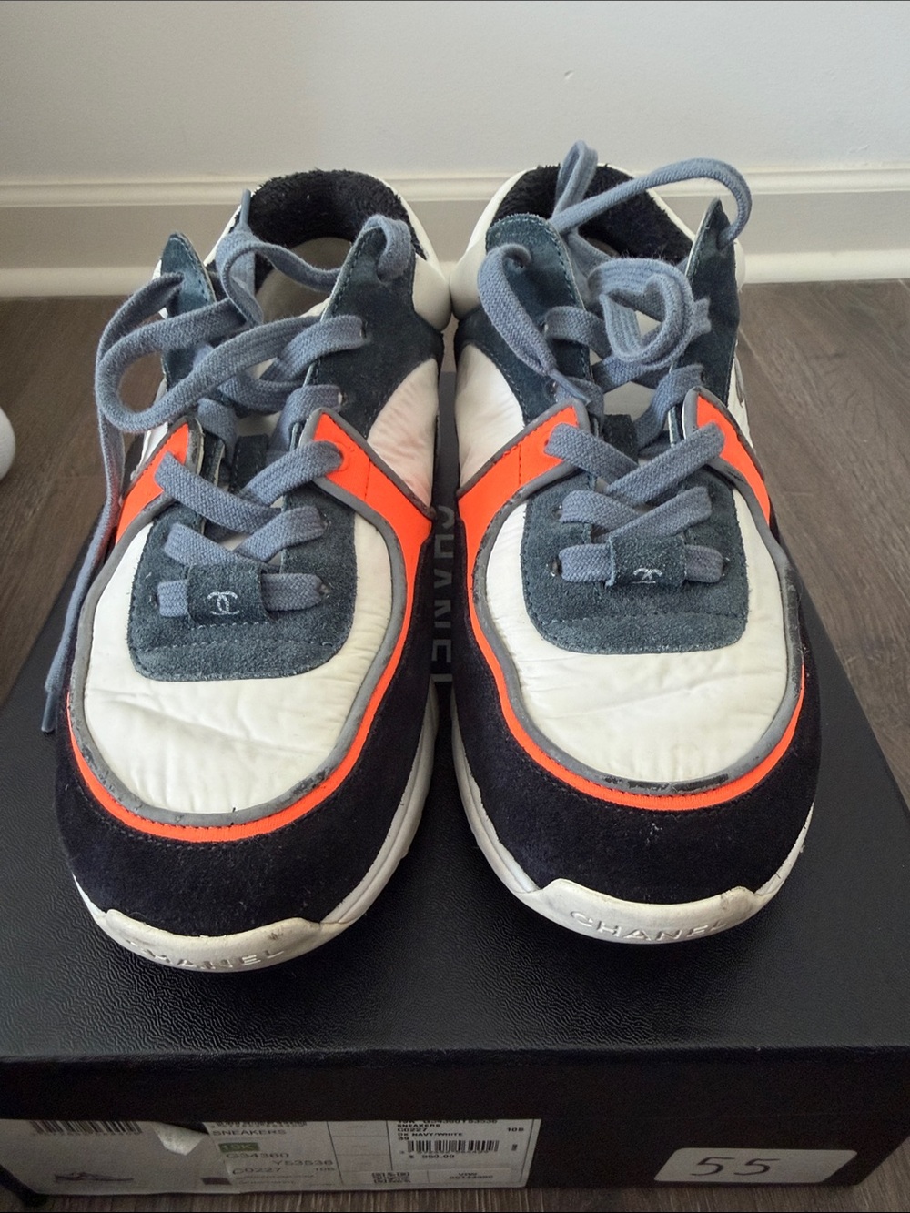 CHANEL Kids Navy, White & Orange Suede-Trim Sneakers
